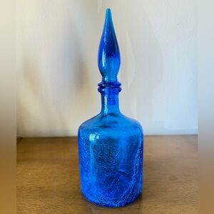 Vintage Empoli Style Cobalt Crackle Glass Decanter 12” MCM Genie Bottle